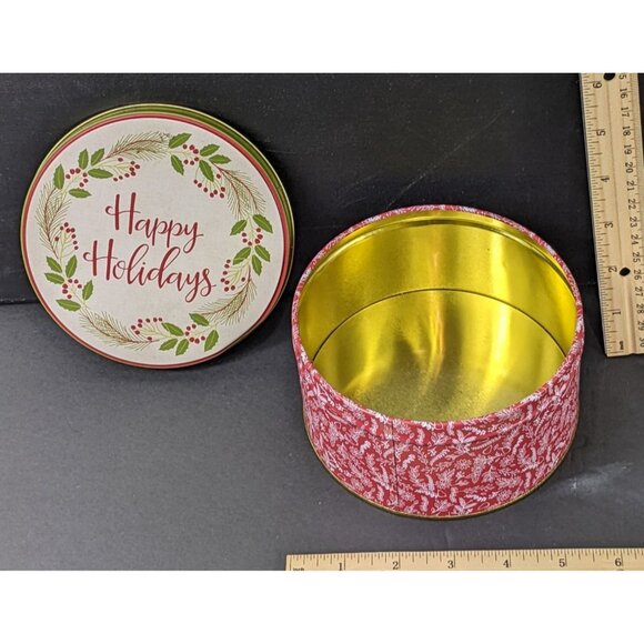Happy Holidays Round Tin Container 5 Inches Round 2 Inches High C194 - Picture 5 of 7